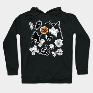 Halloween pattern, pumpkin, witch, skull, ghost, coffin, bats, moon, skeleton, horror stickers Hoodie